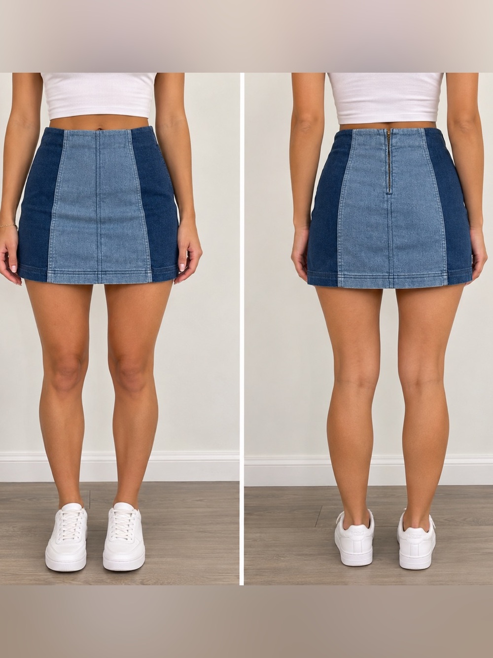 Free People Two-Tone Blue Panel Denim Mini Skirt